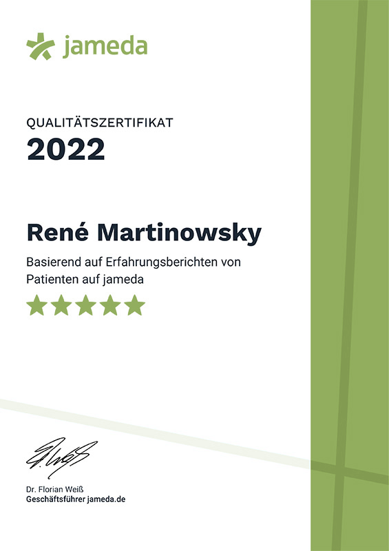 Qualitäts-Zertifikat von Jameda für René Martinowsky